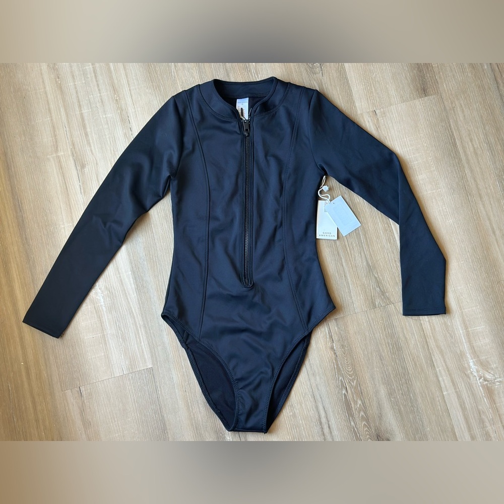 Good American Black Zip Up Compression Swim Suit One Piece NWT